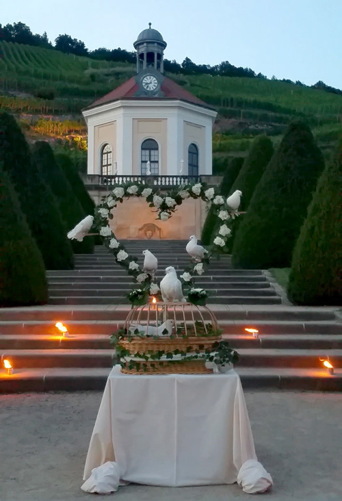 Bild von der romantischen Variante auf Schloss Wackerbarth mit Partyfackeltöpfen.